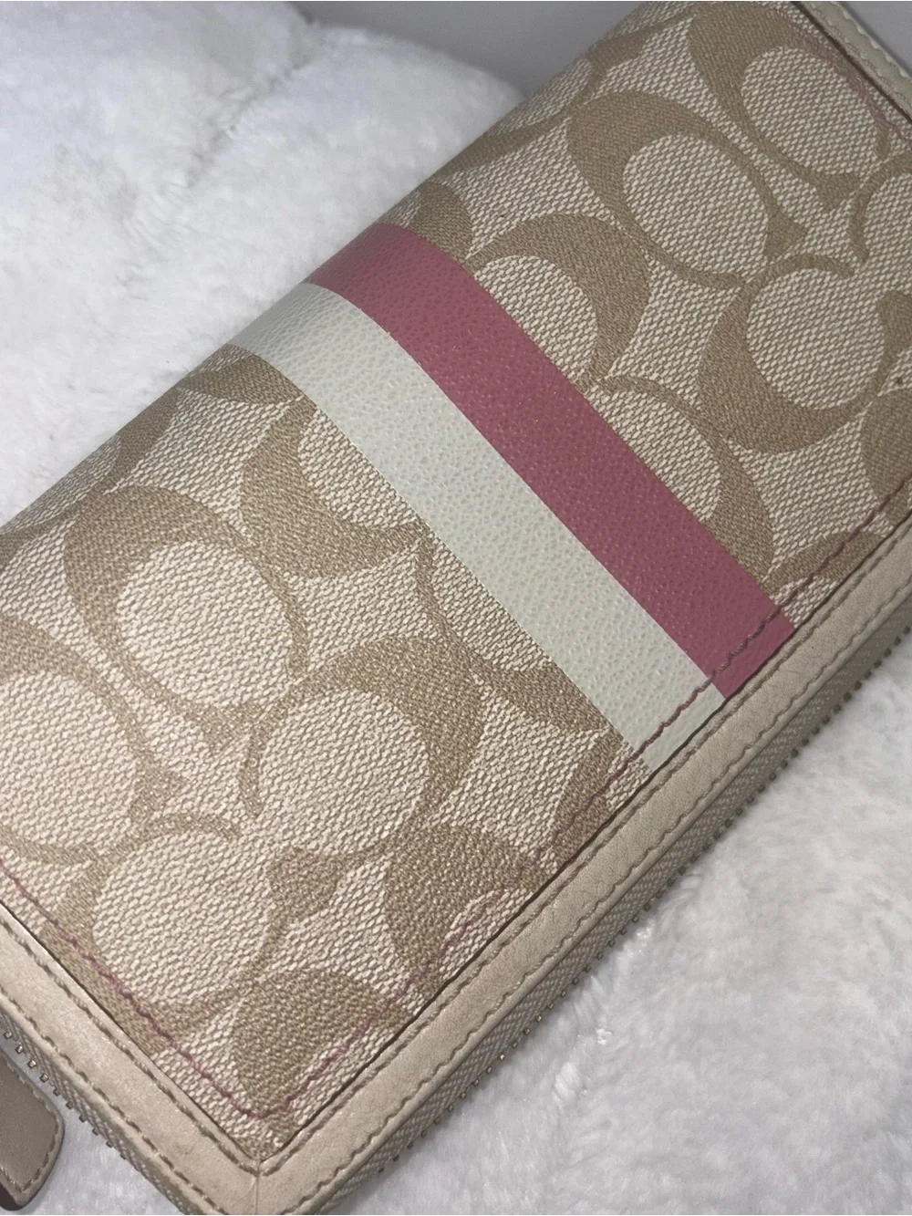 Coach Monogram Zip Wallet in Khaki, Cream & Pink Stripe